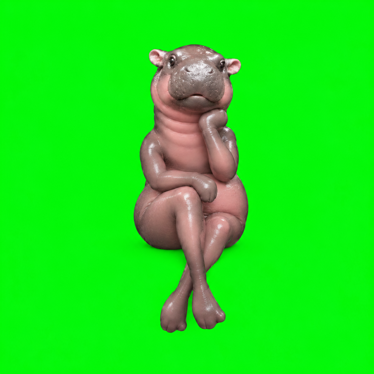 Thoughtful hippo sitting with a hand under its chin